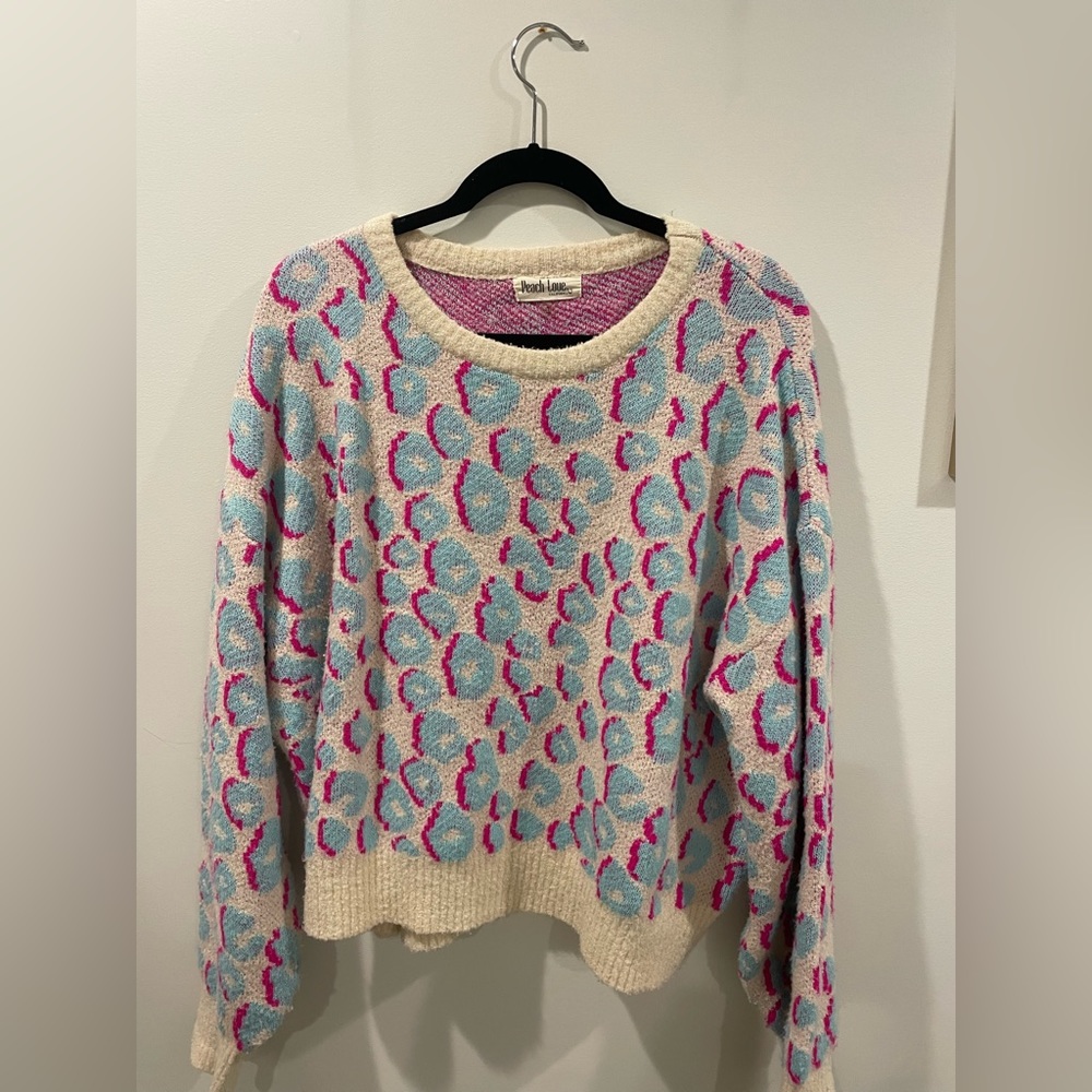 Blue and Pink Leopard Print Sweater